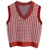 Women's Vests Women Fashion Houndstooth Loose Knitted Vest Sweater Vintage Sleeveless Side Vents Female Waistcoat Chic Tops