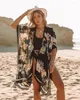 Menas de banho feminina Boho feminina Vintage Floral Print Women Bohemian V Neck Batwing Sleeves Rayon Short Beach Bikini Robe Up