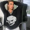 Kadın Sweaters CDJLFH KIŞ KADINLAR KUKULU KORE STYLE V BEnK BEYK SLEVE KÜÇÜK KUTUCU HARAJUKU MODA Beyaz Kafatası Baskı Jumper