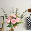 Kwiaty dekoracyjne sztuczna wysoka jakość z wazonem do dekoracji domowej igłę pionia ślubne bukiet fałszywe rośliny jedwabny liść eukaliptusowy