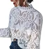 Damesblouses Sexy elegante blouse Dames Herfst Lange mouw Opstaande kraag Uitgehold Doorzichtige kanten trui Kleding Wit