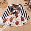 Conjuntos de roupas 2pcs terno infantil conjunto de pescoço redondo listrado T-shirt de peru de manga longa e saia de suspensão de impressão floral branca