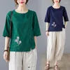 Ethnic Clothing Cotton Linen Embroidery T Shirt 2022 Summer Retro Jacquard Tee Loose Plus Size Solid Color Casual Chinese Knot Button Top