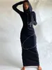 Lässige Kleider Hugcitar Langarm mit Kapuze -Patchwork Skinny Maxi -Kleid Herbst Winter Women Fashion Streetwear Outfits 2209303883394