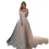 Sexy A-ligne Robe De Mariée Côté Fente Hors Épaule Bohème Robes De Mariée Champagne Doublure Ivoire Tulle Manches Longues Cour Train Plage Boho Robe De Novia 2023