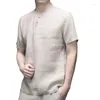 T-shirt da uomo Estate T-shirt da uomo in cotone e lino con scollo a V Manica corta Casual Top Homme Button Tinta unita Slim Streetwear