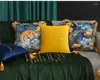 Kudde American Luxury Tiger/Bird Printed Cover Tassel Decorative Blue Yellow Velvet Pillow Casts Throw Covers ryggst￶d