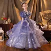 2023 Gold blue Flower Girl Dresses Jewel Neck Ball Gown Lace Appliques Beads With Bow Kids Girls Pageant Dress Sweep Train Birthday Gowns