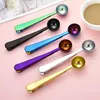 Stainless Steel Coffee Measuring Spoon With Bag Seal Clip Multifunction Jelly Ice Cream Fruit Scoop Spoon Kitchen Accessories JNB15939