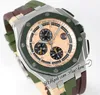 APSF 44mm Combat A3126 Automatisk kronograf Mens Watch Steel Case 264 Green Ceramic Bezel Yellow Black Texture Dial Camo Rubber Strap Super Edition Puretime B2