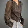 Kvinnors V-ringperspektiv Lykta långärmad blus Royal Style Single Breasted Shirt SMLXL