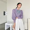 Kvinnors T -skjortor broderi Purple Puff Sleeve Top Long Designer Shirt Women Korean Ladies 2022 Spring Fashion CottageCore