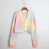 Women's Knits Fall 2022 Luck Rainbow Gradient Knitted Cardigan Button Up Korean Cute Mohair Sweater Cropped Women Crop Knitting Top