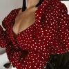 Women's Blouses Sexy Backless Chic Polka Dot Women Puff Long Sleeve Wrap Top Elegant Lace Up Red Crop Vintage Slim Female Shirts 2022