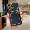 Luxury Chromed Card Slot Pocket Falls för iPhone 15 14 Plus Pro Max 13 12 11 XR XS X 8 7 Soft TPU Bling Plating Fine Hole Camera Lens Protectors Mobiltelefon Back Cover Coque