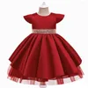 Abiti da ragazza Moda maniche corte Cintura con paillettes Rosa Abito da sposa da sera formale Abito da principessa Flower Girls Abbigliamento per bambini per bambini