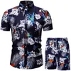 남성 의류 세트 2 조각 세트 여름 해변 착용 플로럴 프린트 캐주얼 셔츠와 하와이 홀리데이 옷