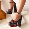 2022 Checkered Heels Women Red Plaid Summer Sandals Plus Size 43 European Fashion Womans Platform Shoes Block Thick High 897 817 5