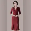 Work Dresses Vintage Occupation Lady Elegant Blazer Collar Dress Women Fashion Double Breasted Spring Business Mermaid Dress With Belt 221006