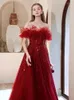 Party Dresses Red Luxury Sequined Feathers Long Sleeves Host Dress Formal Partydresses For Girls Gowns With Diamond HandmadeParty