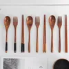 Dijkartikelen sets Hemu Natural Wood 3-delige tabelwaren Chopsticks vork draagbare handgemaakte huishouden huishouden vaste lange handgreep lepel niet-slip