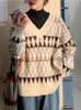 Kadın Sweaters Sweaters Kadınlar Vintage Argyle Koreli All-Match Chic V-Neck bayanlar Sakiller Öğrenci Tembel Stil Kış Kadın Sweater 221006