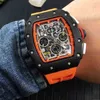 Superclone Luxury Mens Mechanics Watch Richa Milles Mens Automatic Mechanical Full Black Case Yellow Rubber Flyback Chrono Skeleton Date Limited Wristwatc 95UZ