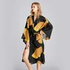 Women's Sleepwear Spring Summer Women Robe Kimono Gown Black Loose Print Ginkgo Biloba Faux Silk Bathrobe Nightgown Sexy Long Home Dressing Gown T221006