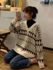 Kadın Sweaters Sweaters Kadınlar Vintage Argyle Koreli All-Match Chic V-Neck bayanlar Sakiller Öğrenci Tembel Stil Kış Kadın Sweater 221006