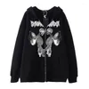 Herrtr￶jor zip hoodie skelett fj￤ril tryckt goth tr￶ja sportrock pullover l￥ng￤rmad ￶verdimensionerad jacka m￤ns mode toppar