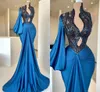2023 Blue Mermaid Prom Dresses Sexy Deep V-Neck Lange mouwen avondjurk bruidsmeisje formele jurken op maat gemaakt BC14506 GB1006