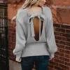 女性のセーターセクシーなファッション女性秋の固体色Oネックバックレスバックボウタイオープ​​ンニットウェアセーターウォームルーズトップ4色