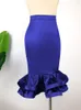 Vestidos de tamanho grande saias de cetim azul mais tamanho 4xl Mulheres da cintura alta Ruffles at￩ o joelho de joelho elegante e elegante