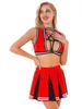 Women's Tracksuits Womens Cheerleader Uniform Cheerleading Outfit Role Play Come Strappy Hollow Out Crop Top with Color Block Pleated Skirt T220909