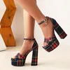 Red Checkered 2022 Plaid Summer Sandals Heels Women Plus Size 43 European Fashion Womans Platform Shoes Block Thick High 973