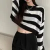 Women's Sweaters Deeptown Korean Style Striped Cropped Sweater Women Vintage Oversize Knit Jumper Female Autumn Long Sleeve O-neck Pullovers Tops 221006