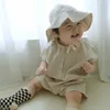 Rompers Bady Birgh Summer Fashion Solid2ポケットの袖なしジャンプスーツ幼児の少年新しい格子縞のゆるい綿ロンパン衣装J220922