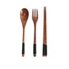 Dijkartikelen sets Hemu Natural Wood 3-delige tabelwaren Chopsticks vork draagbare handgemaakte huishouden huishouden vaste lange handgreep lepel niet-slip