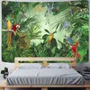 Tapissries 3d Retro Tropical Forest Tapestry Green Plant Animal Blommor Natural Landskap Vägg hängande hem sovrum astetiskt rum dekor tapiz