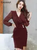 Work Dresses Wine Red Career Office Lady Dress Autumn Chiffon Puff Full Sleeve Fold VNeck High Waist Line Buckle Slim Party Dress 221006