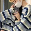 Dames truien Deeptown Koreaanse stijl gestreepte blauw oversized trui vrouwen Harajuku paar groene crewneck jumper pullover vrouwelijke tops bloem 221006