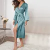 Mulheres sleepwear sexy vestido de dormir mulheres quimono cetim seda verde noite robe homewear gelo seda manga longa casual conforto lace up roupão t221006