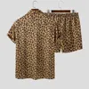 Menina de pista masculina Menina de moda define roupas de rua de estampa de leopardo de manga curta Camisa de lapela de praia Hawaiian Men Suits 2 peças Plus Size Incerun 221006