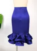 Vestidos de tamanho grande saias de cetim azul mais tamanho 4xl Mulheres da cintura alta Ruffles at￩ o joelho de joelho elegante e elegante