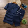 Tracksuits voor heren aankomst heren katoen en linnen korte mouw t-shirtankle lengte pant set massief shirttrouten huis pakken mannelijk m-5xl tz30 221006