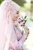 Mulism Hijab Wedding Dress Floral Lace Appliques 2023 Pink A-Line Bridal Gowns Long Sleeve High Neck Middle East Arabic Dubai Islamic Robe De Mariee