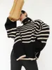 Kadın Kazak Atasan Mode Sweter Berkerah Tinggi Bergaris Wanita Atasan Jumper Longgar Desain Musim Gugur Musim Dingin Baru Mujer 221006