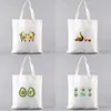 Storage Bags Women Canvas Shopping Bag Kawaii Cute Avocado Pattern Series Bolsa Shoulder White Print Tote Handbags Space Saver