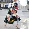 Women's Trench Coats Autumn Vintage Colorful Block Print Women Long Coat 2022 Fashion Lantern Sleeve Jacket Plus Size Female Elegant