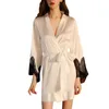 Women's Sleepwear Ladies Dressing Gowns Women Fashion Lace Sexy Long Sleeve Ice Silk Medium Length Bathrobe Sleeping Robes for Women Long T221006